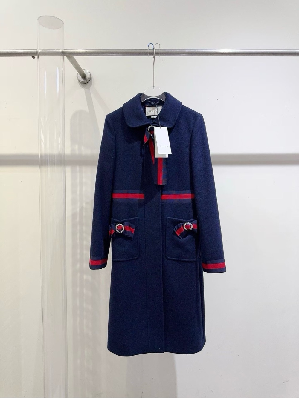 🚩steal Gucci Navy Wool-Blend Pea Coat with Red Trim